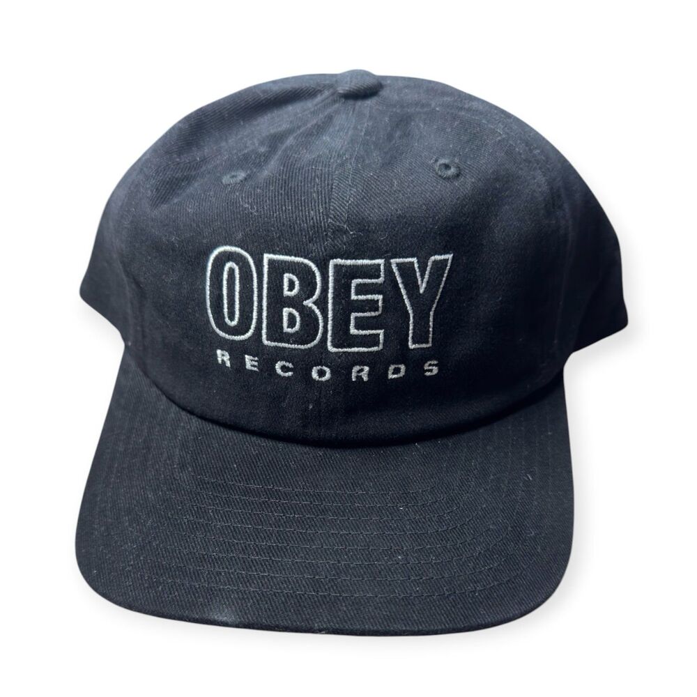 Obey Records Black Snapback Hat Retro Skater Cap Adjustable
